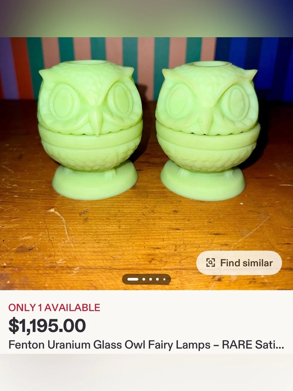 FEBTON VINTAGE PALE GREEN URANIUM GLASS OWLS PAIR EUC FAIRY LAMPS RARE HTF